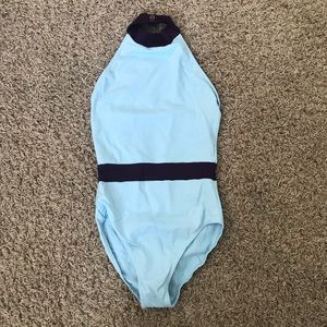 blue and purple halter leotard